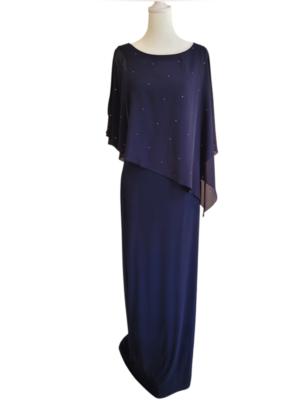 Frank Lyman Navy Evening Maxi Dress with Embellished Chiffon Overlay Sz 8